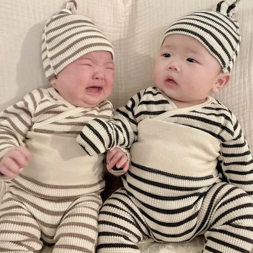 Baby Clothing Set Spring New Striped Waffle Baby Boy's Suit Top+High Waist PP Pants Or Hat Toddler Home Suit