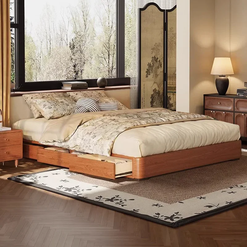 Medieval style no bedside storage, solid wood bed small apartment with drawers, ash wood flush edge minimalist