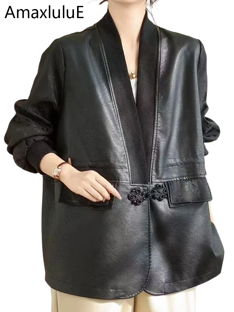 

Amax LuluE, китайские осенние женские модные лоскутные куртки из искусственной кожи, женские свободные пальто из искусственной кожи с v-образным вырезом, роскошная винтажная верхняя одежда