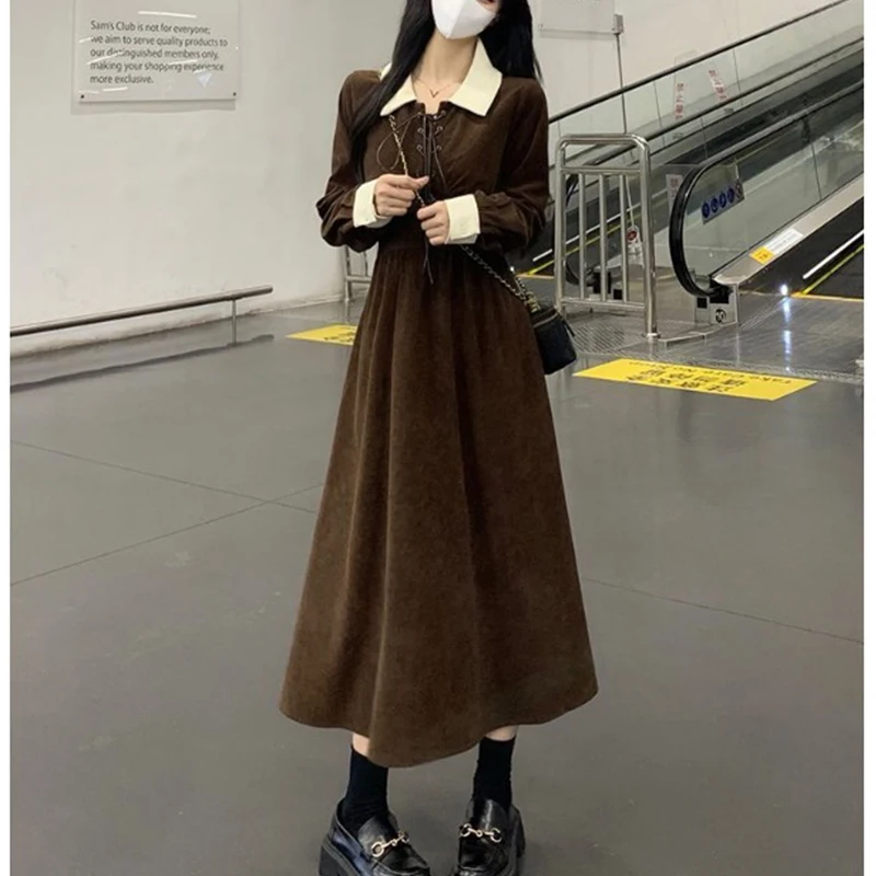 Women Contrast Collar Lace Up Front Long Sleeve High Waist Swing Midi Dress