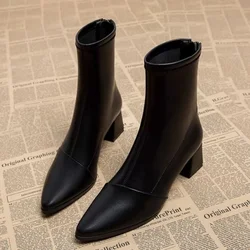 Ankle boot feminino de salto médio, salto alto pontudo, sapato de salto grosso, primavera, verão, outono, solteiro, moda, novo, 2023