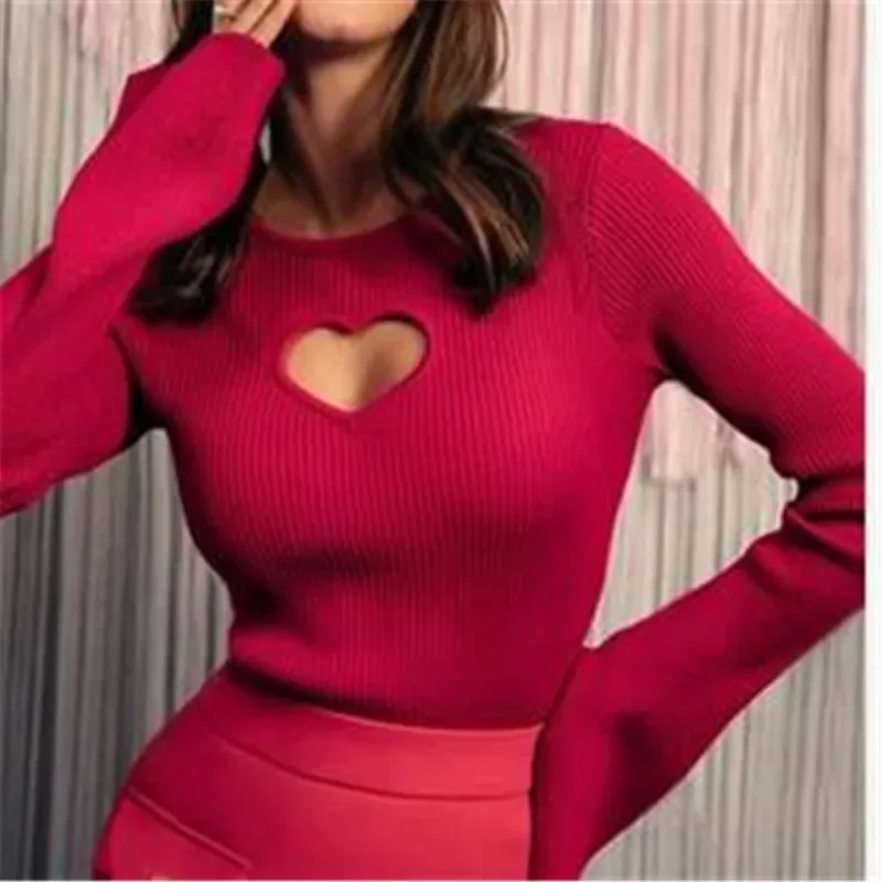 

Heart Hollow Out Cropped Sweaters For Women 2024 O-Neck Flare Sleeve Red Jumper Sweater Autumn Winter Long Sleeve Knitted Top