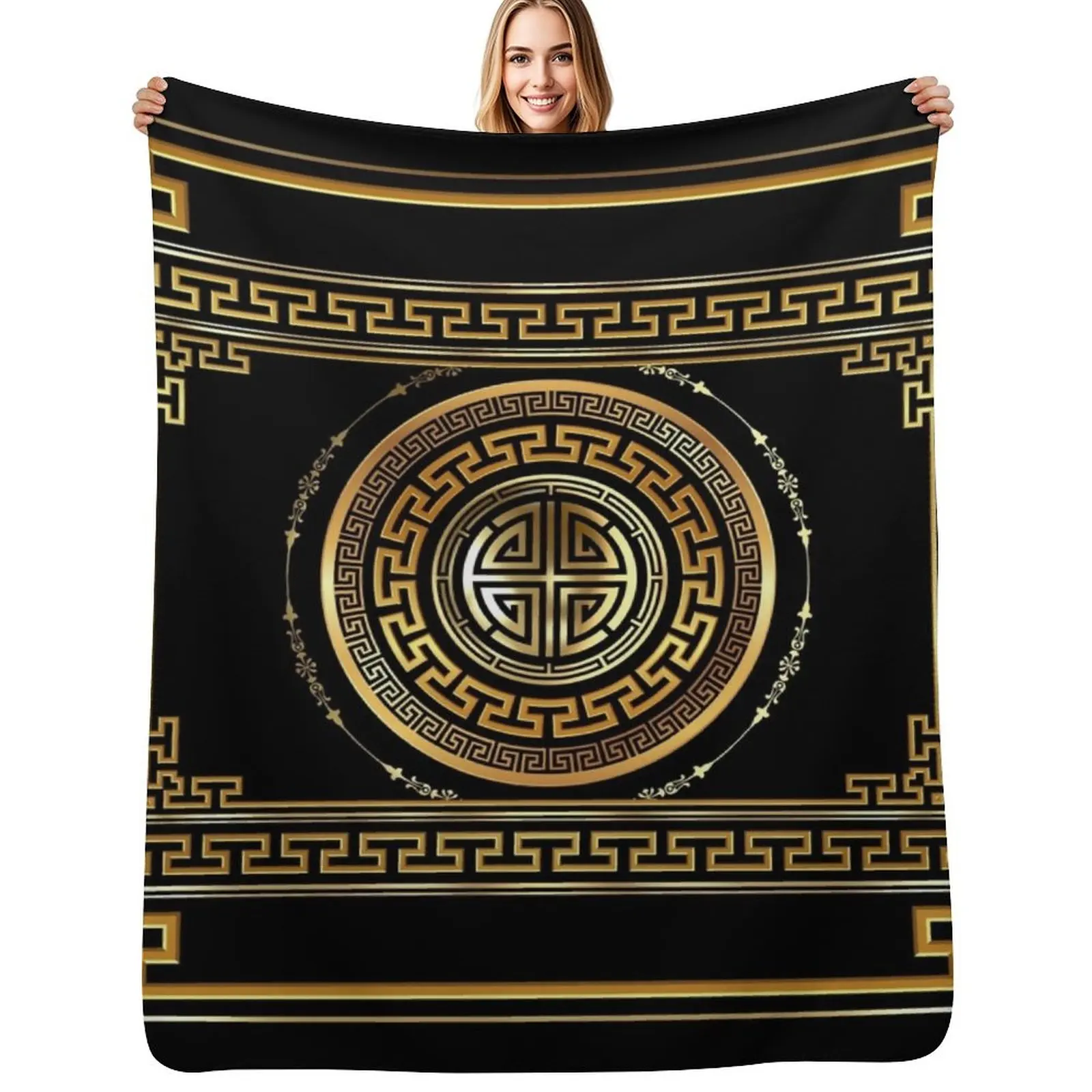 Greek Key Meander Black Gold Large Throw Blanket Lightweight Warm Blanket for Travel Camping