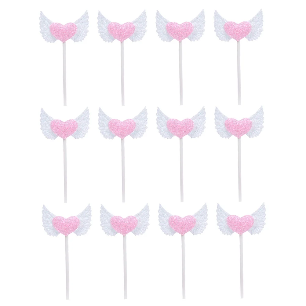 

20 Pcs Decoration Picks Angel Wings Pink Heart Glitter Cake Decorations Glitter Topper White Bride Birthday Party