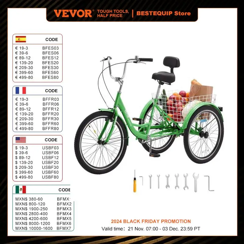 VEVOR Adult Tricycles Bike 24 Inch Three-Wheeled Bicycles 3 Wheel Bikes Trikes Carbon Steel Cruiser Bike with Basket (Green)