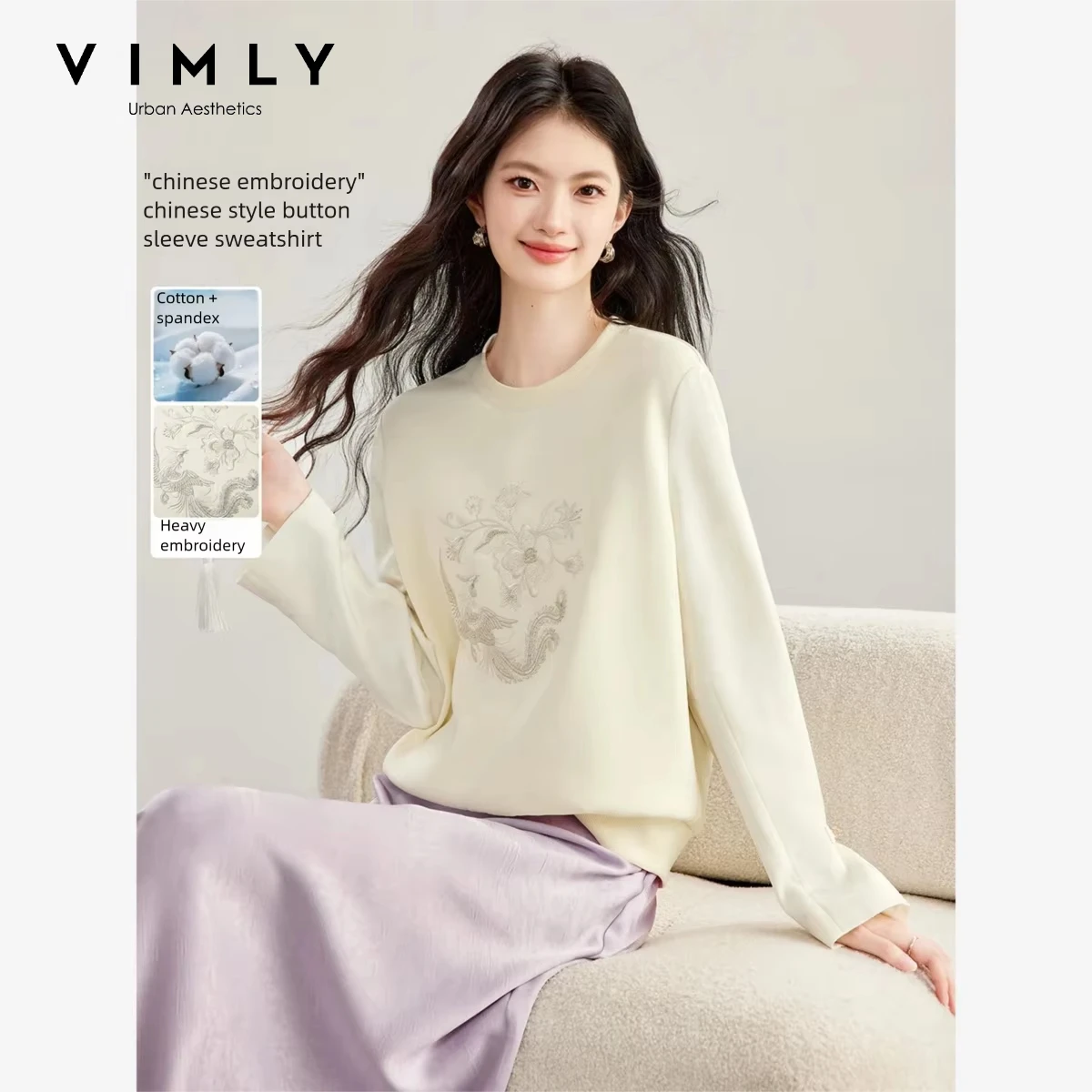 VIMLY New Chinese Style Sweatshirt for Women 26 Autumn Crew Neck Elegant Embroidery Straight Shoulder Long Sleeve Pullover A7563