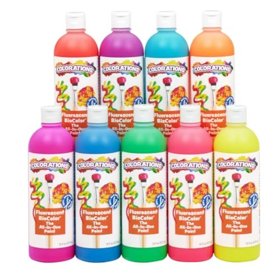 

BioColor Paint Fluorescent 16 oz Set of 9 Washable Non-Toxic Paint School Art Supplies Bright Colors