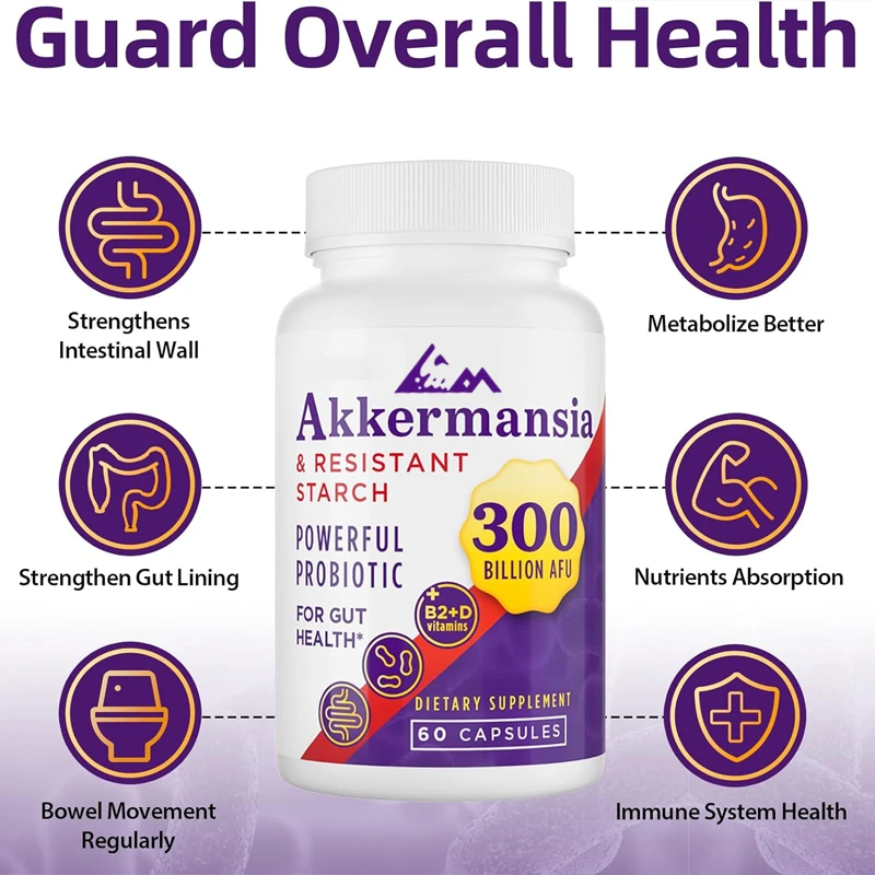 300 billion AFU Akkermansia Muciniphila, suitable for GLP-1, digestion, gut, immunity, and overall health -60 capsules