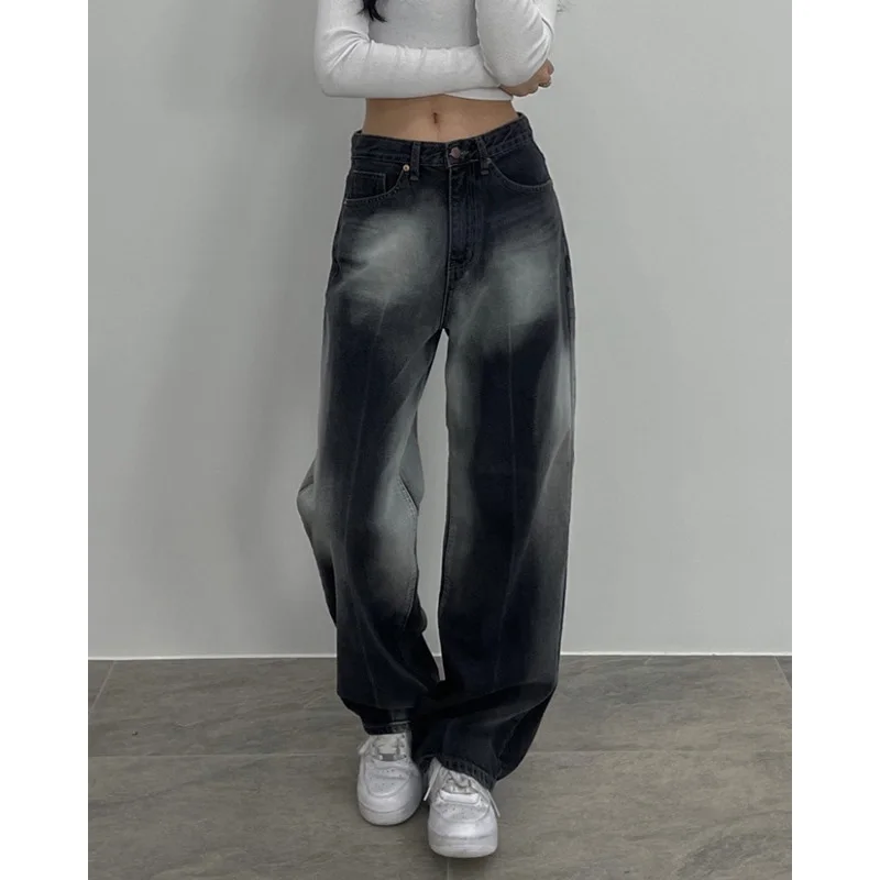 street style fashionable halo dyed contrasting jeans Low waisted washed pocket loose wide leg pants Slimming pants