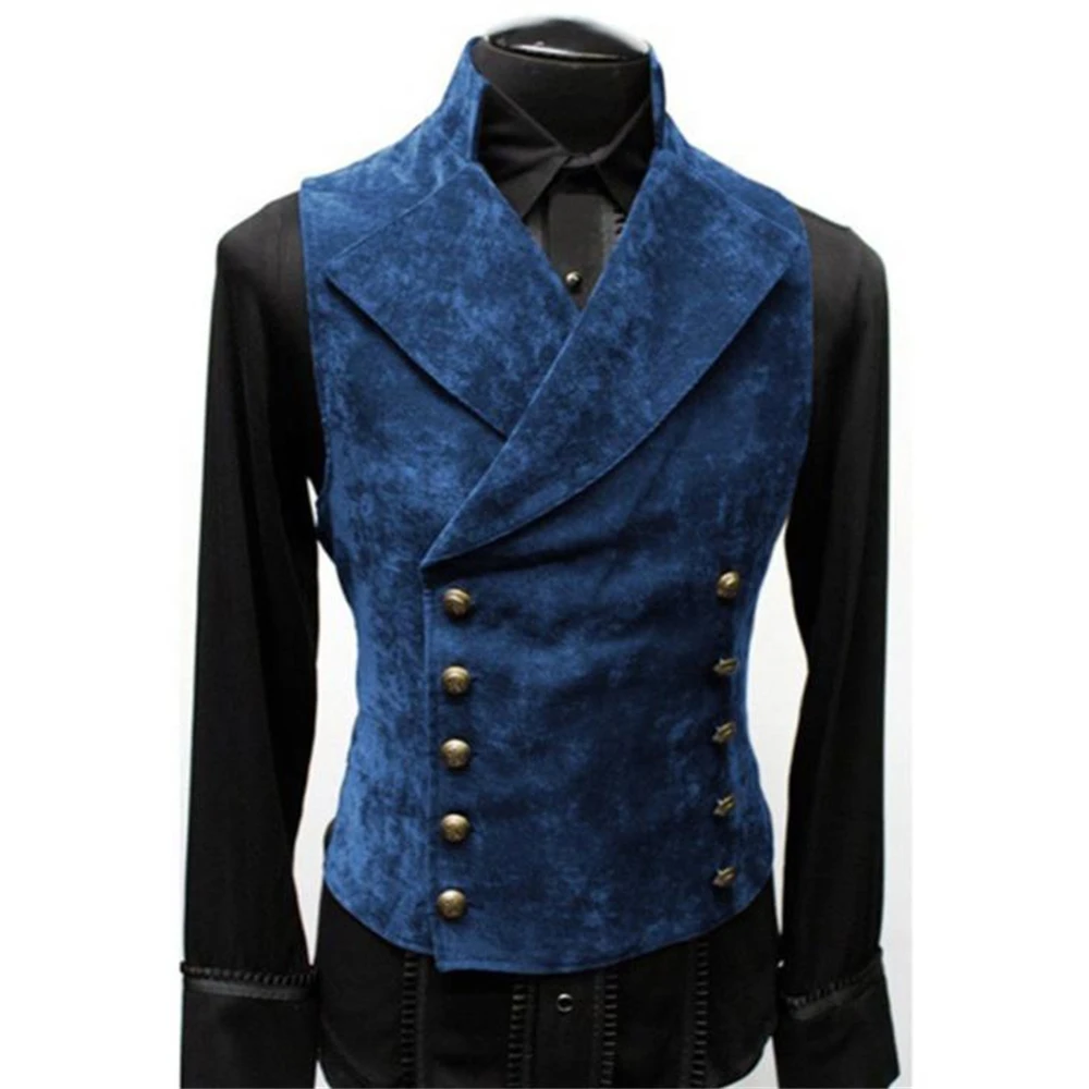 

Mens Double Breasted Gothic Steampunk Velvet Vest Stand Collar Medieval Victorian Suede Waistcoat Men Stage Cosplay Prom Costume