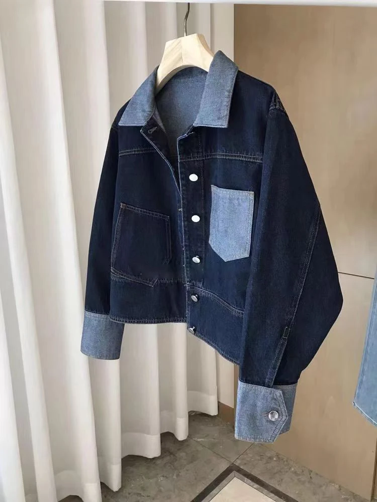 Retro Contrasting Color Laple Denim Jacket for Women 2024 Autumn New Loose Single-breasted Coats Casual Versatile Short Top