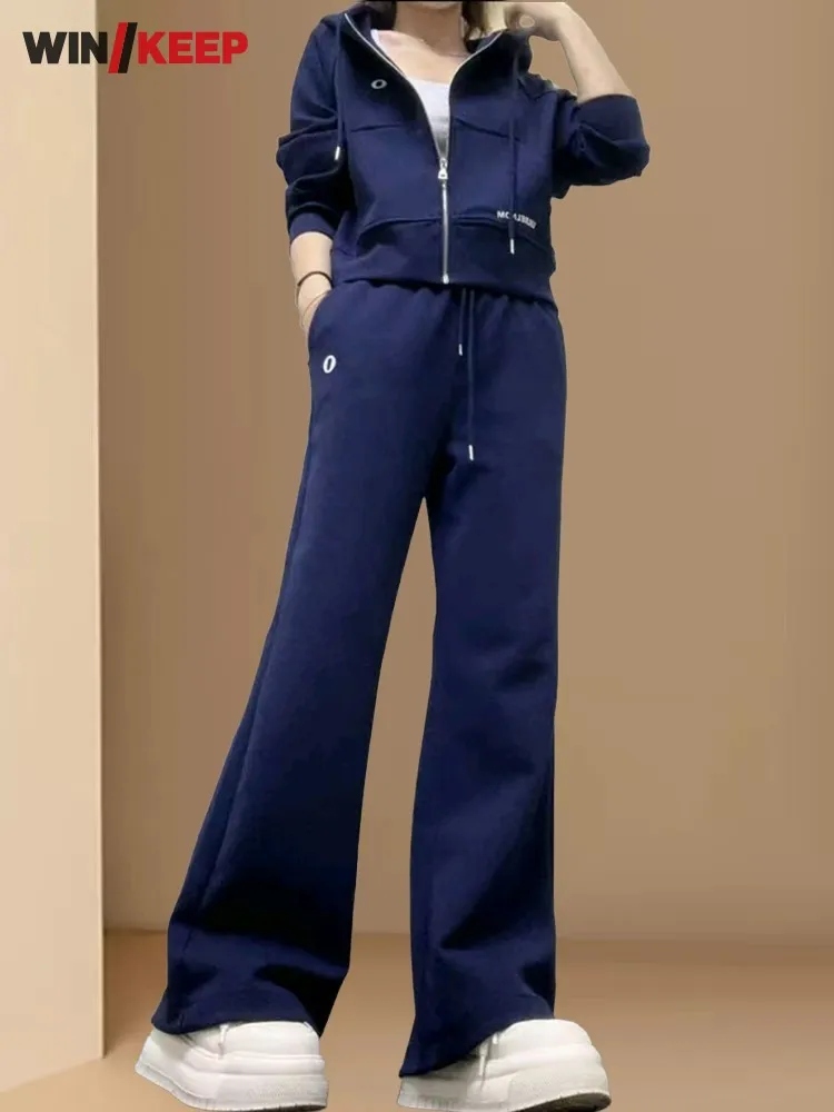Autumn Fashion Women Versatile Hooded Zipper Sports Suits Jacket Wide Leg Pants Elegant Female Running Tracksuit Two Piece Set