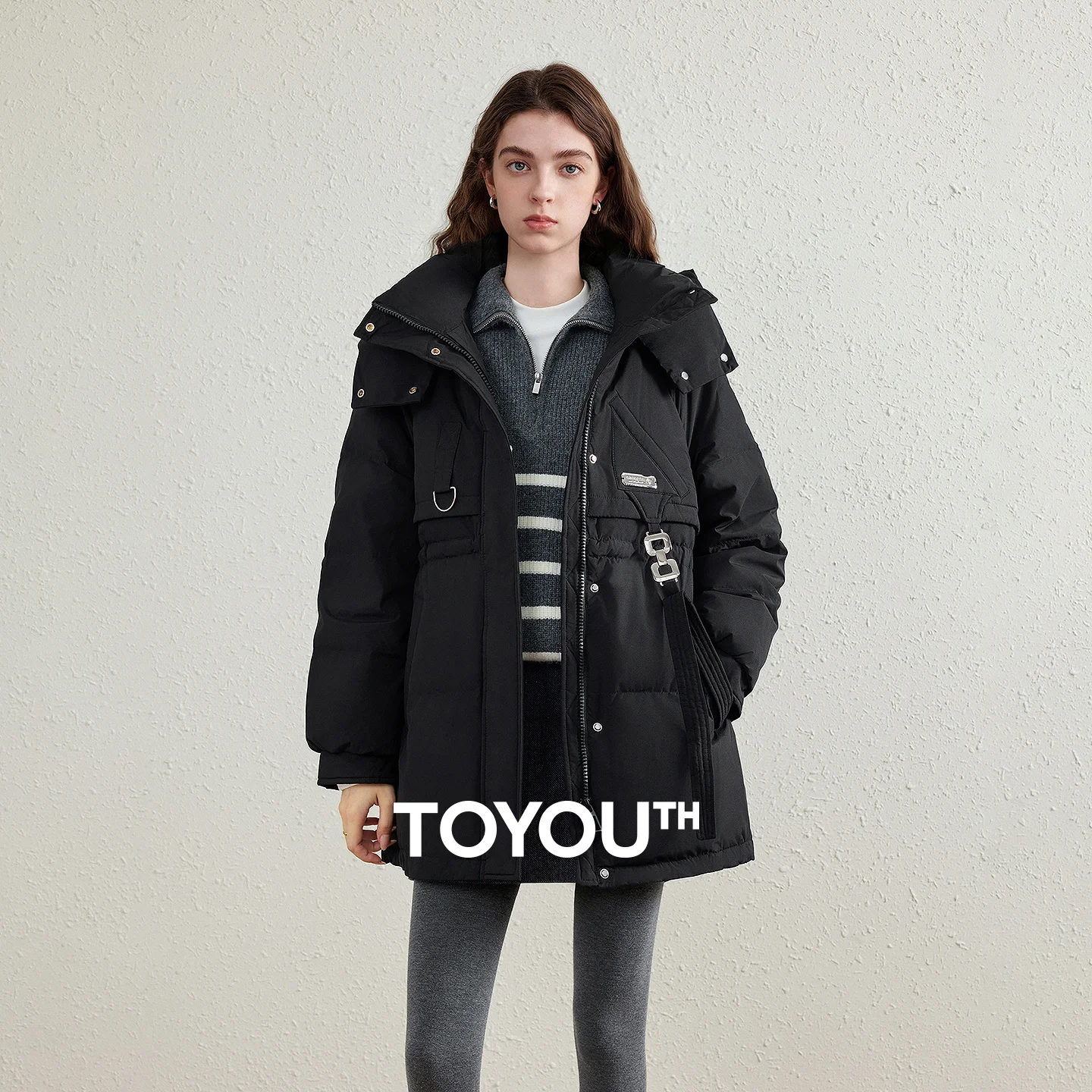 TOYOUTH Women's White Duck Down Coat 2026 Winter New Urban Functional Hooded Waist Cinched Windproof Outerwear