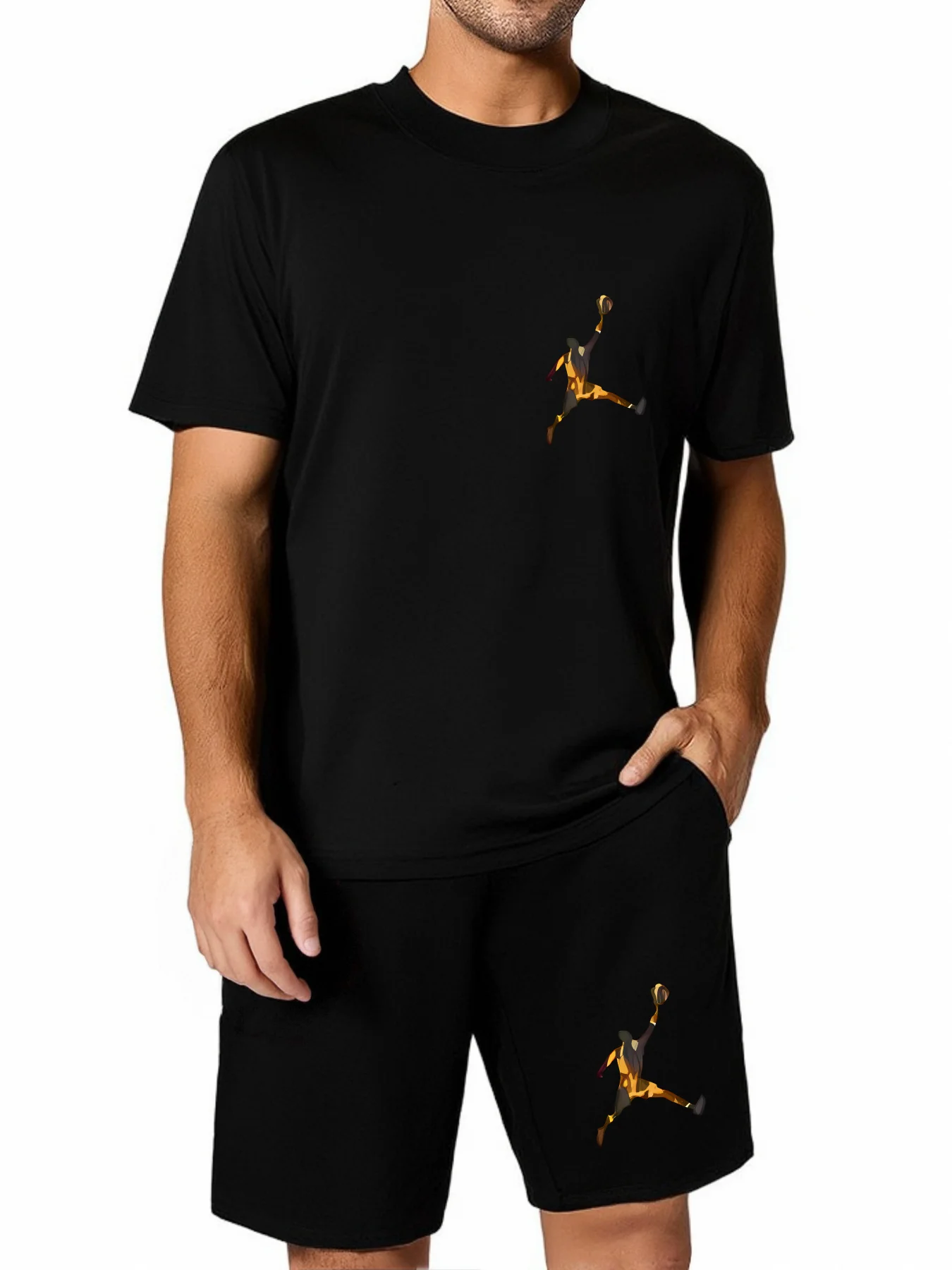 New summer men's two-piece fashion casual clothing round neck short-sleeved T-shirt and drawstring shorts sports T-shirt set