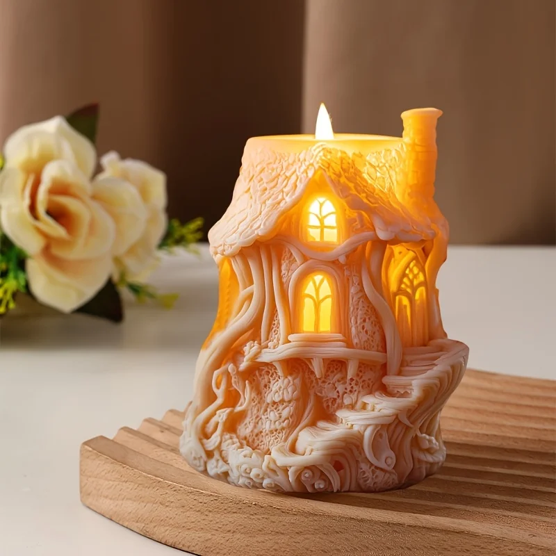 3D DIY Magic Cube House Candle Silicone Mold Elf Tree House Candle Mold Funny Castle Chimney House Resin Concrete Gypsum Mold