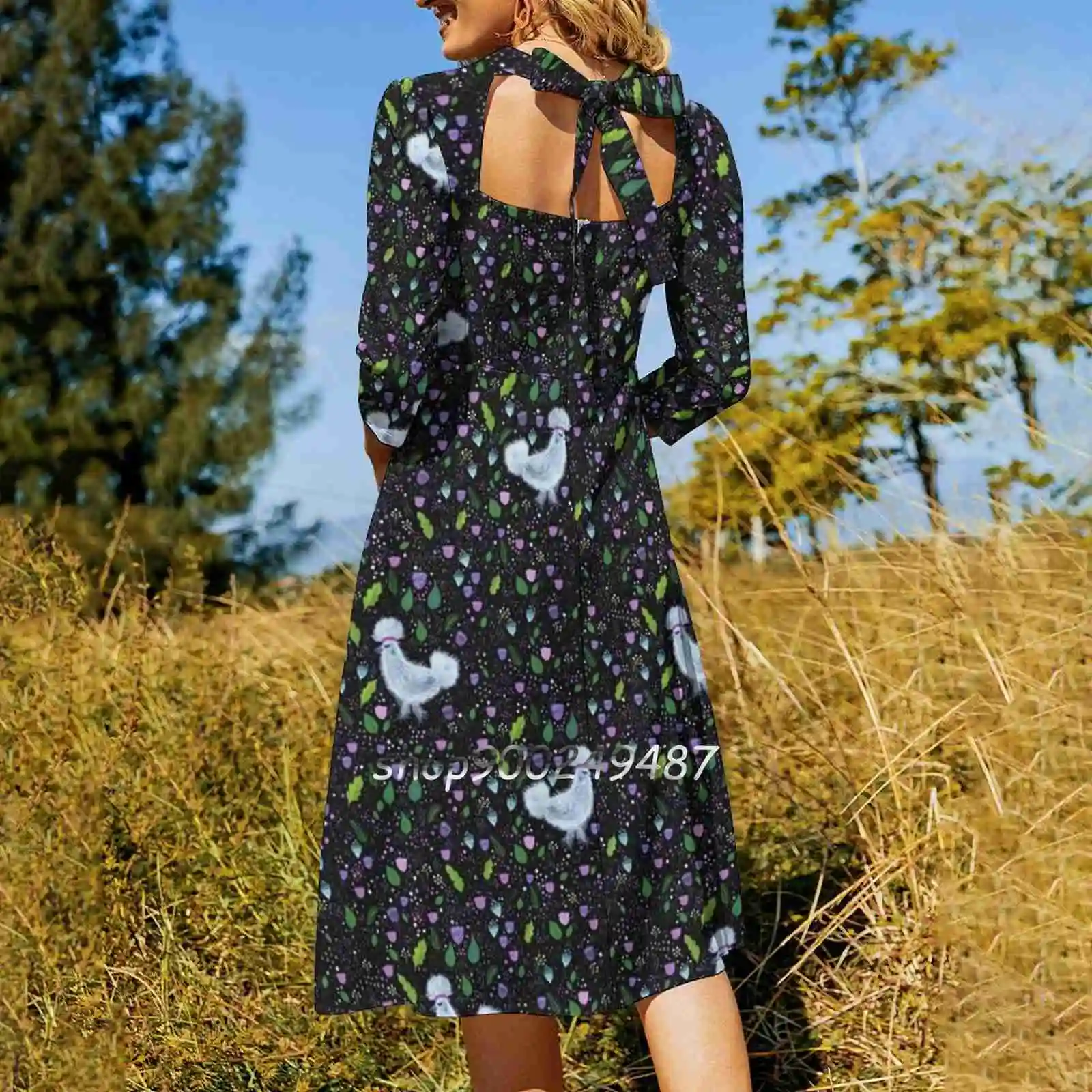 Glam Chicken Square Neck Dress Sweet Summer Dress Women Elegant Halter Print Dress Glam Glam Chicken Silky Silky Chicken Jmhurd