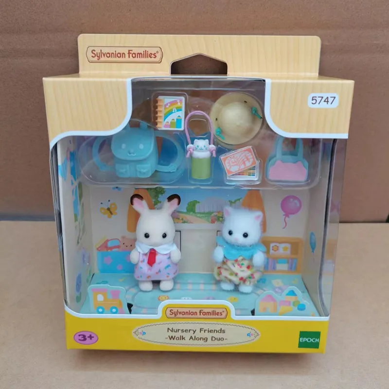 Sylvanian famílias boneca em miniatura acessórios bonito coelho berçário amigos andando ao longo duo crianças fingir jogar brinquedos para meninas presente