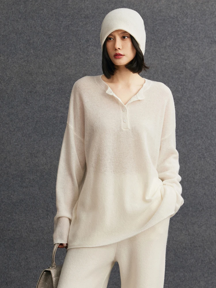 TLOML جديد المرأة 100% سترة الكشمير المعنقة س الرقبة نصف أزرار البلوز الكشمير تريكو ربيع الخريف لينة الدافئة فضفاض بلايز عادية