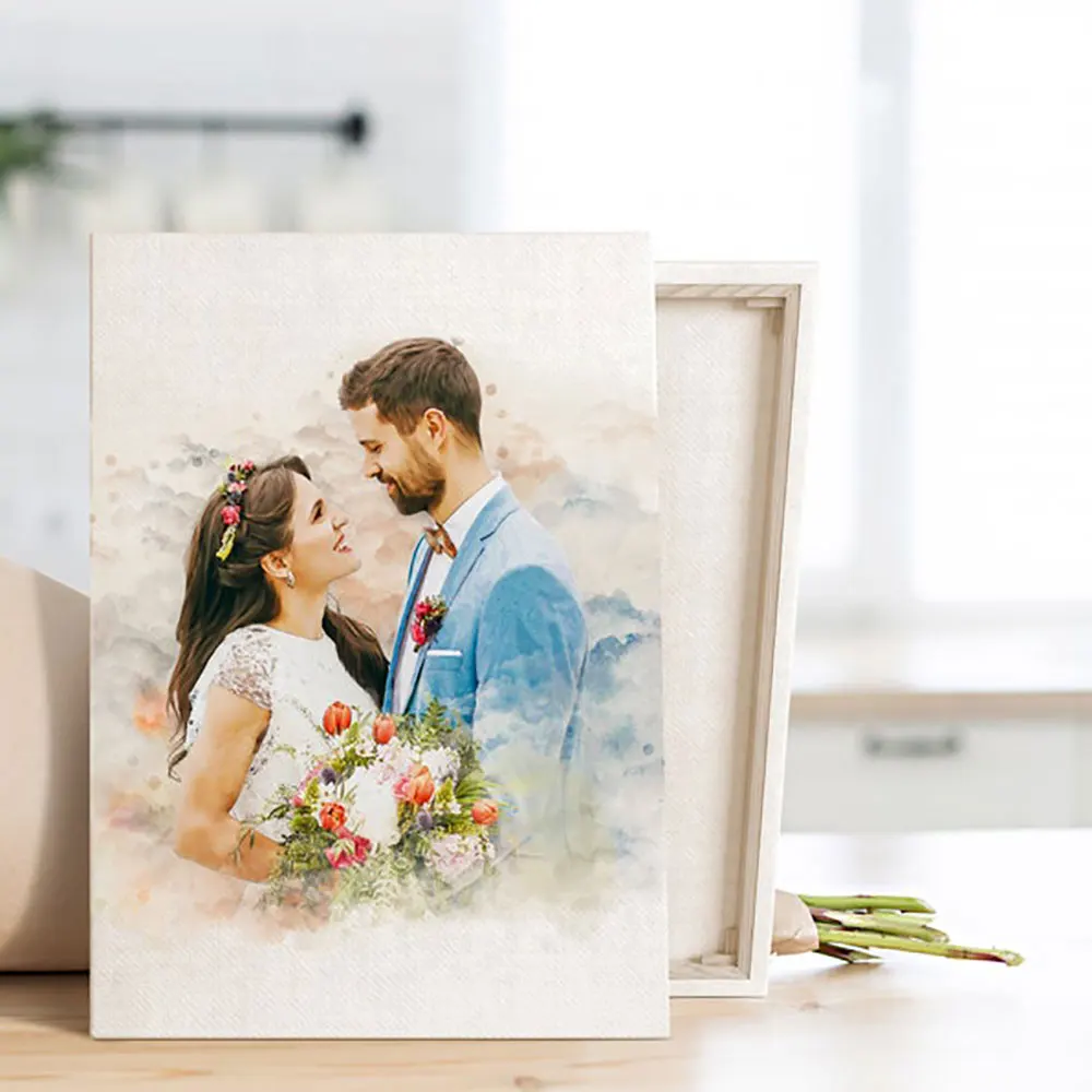 Pintura de boda de acuarela personalizada de foto, retrato personalizado en lienzo, arte de parejas, regalo de aniversario romántico, póster impreso