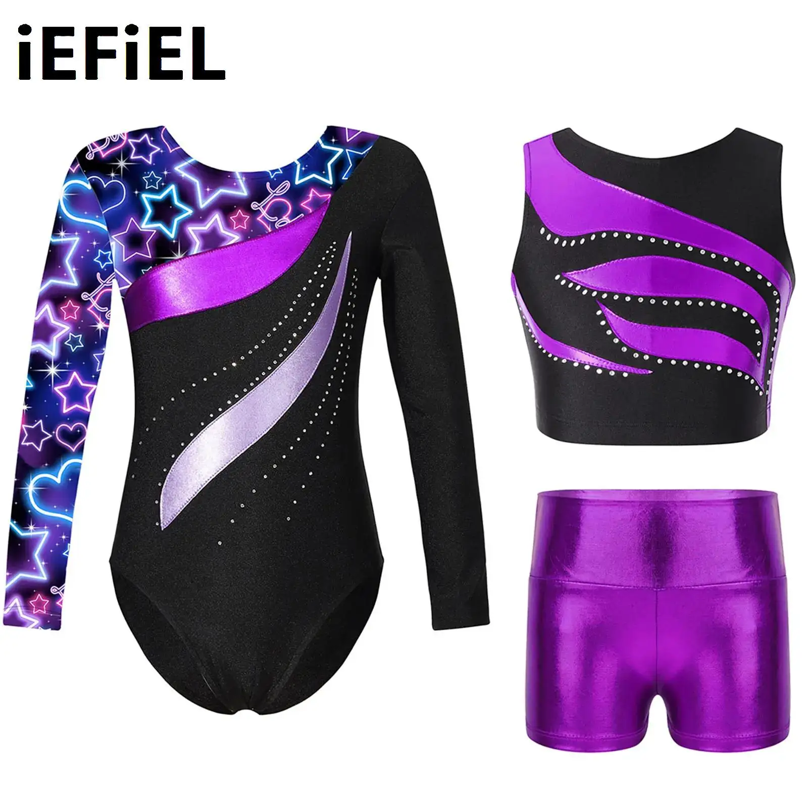 

Kids Girls Gymnastics Sets Long Sleeve Patchwork Dance Leotard with Shiny Rhinestone Decorated Crop Top And Metallic Shorts