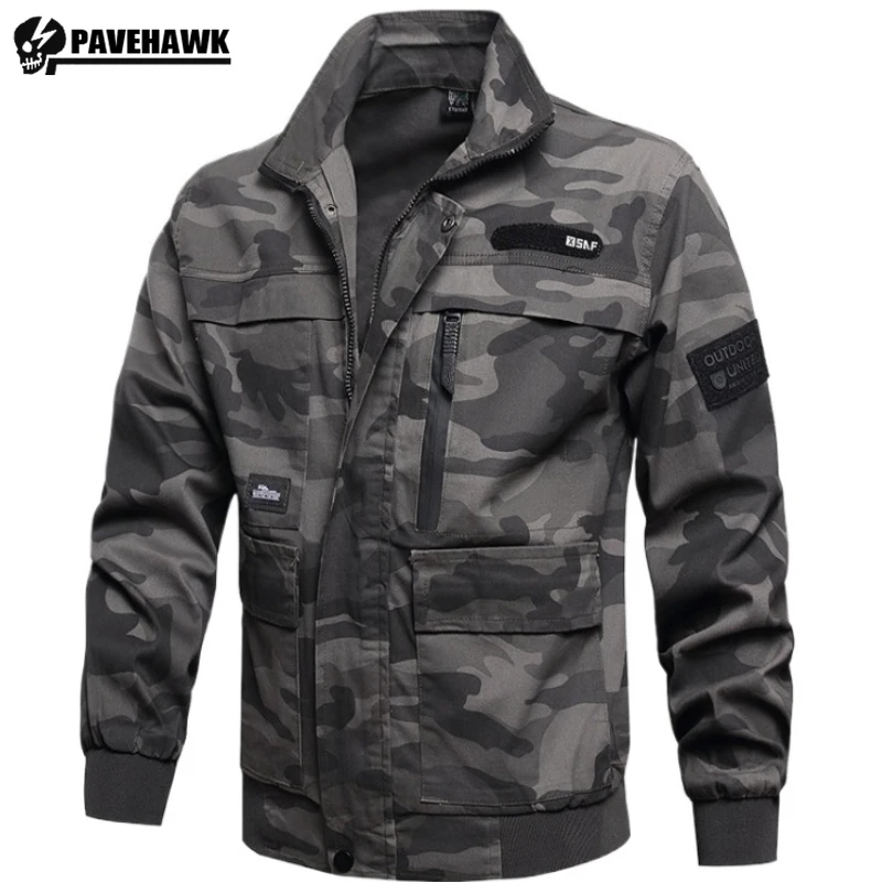 Cotton Camouflage Tooling Jacket Mens Outdoor Multi Pocket Wear-resistant Mechanical Work Coats Elasticity Lapel Windbreaker