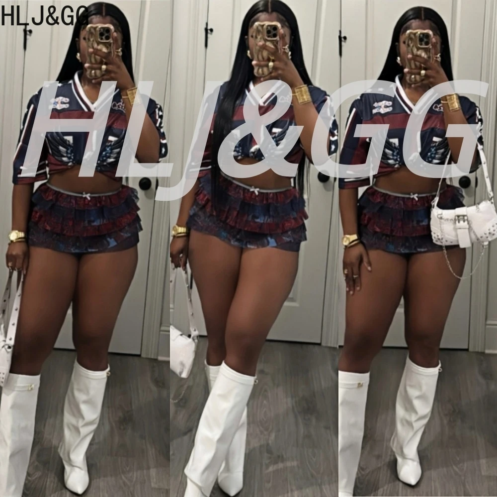 

HLJ&GG Trend Y2K Jersey Sets Women V Neck Pattern Print Short Sleeve Loose Tshirts And Ruffle Shorts Outfits Fashion Streetwear