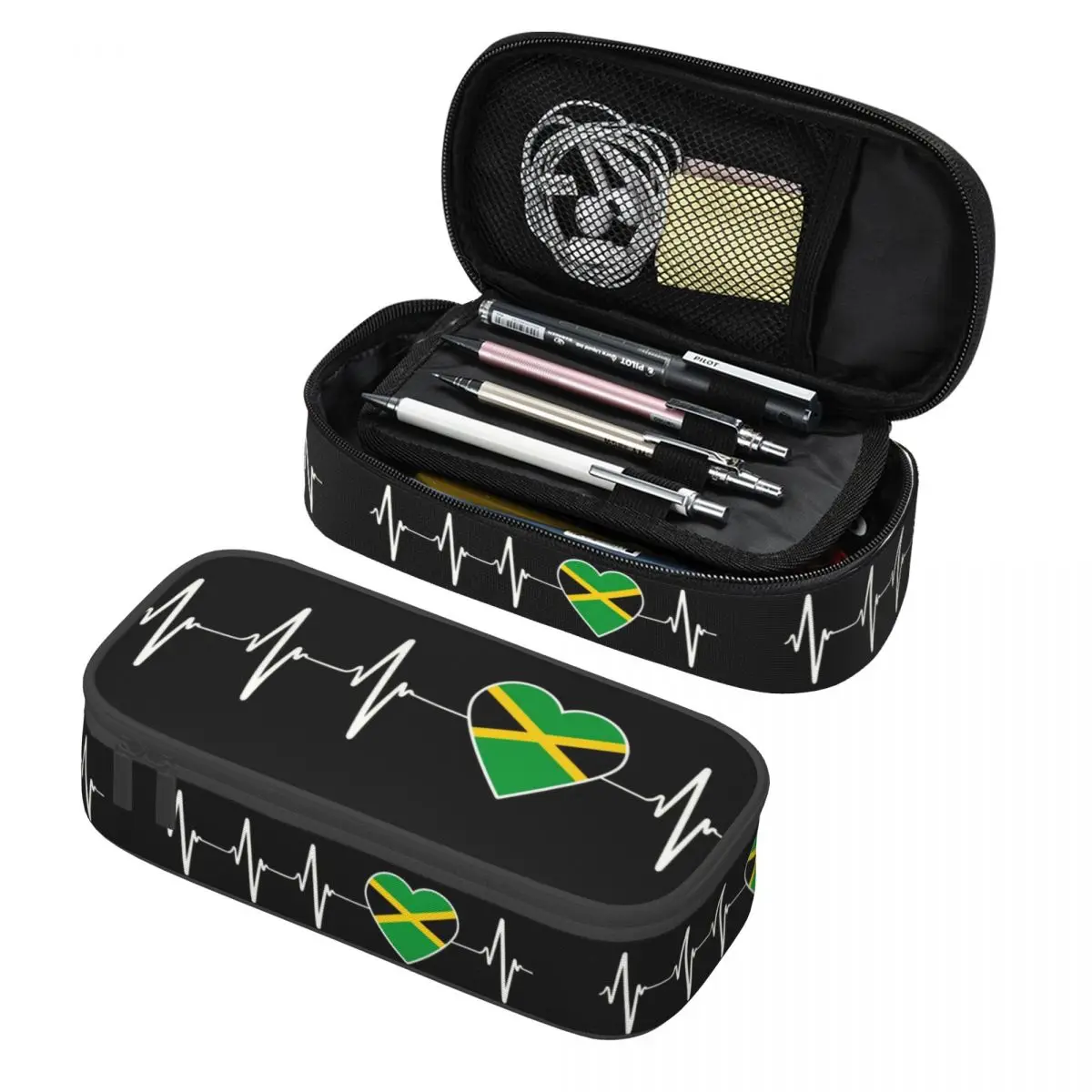 Customized Jamaican Heartbeat Jamaica Country Flag Heart Pencil Case for Boy Girl Large Capacity Pen Bag Box Stationery