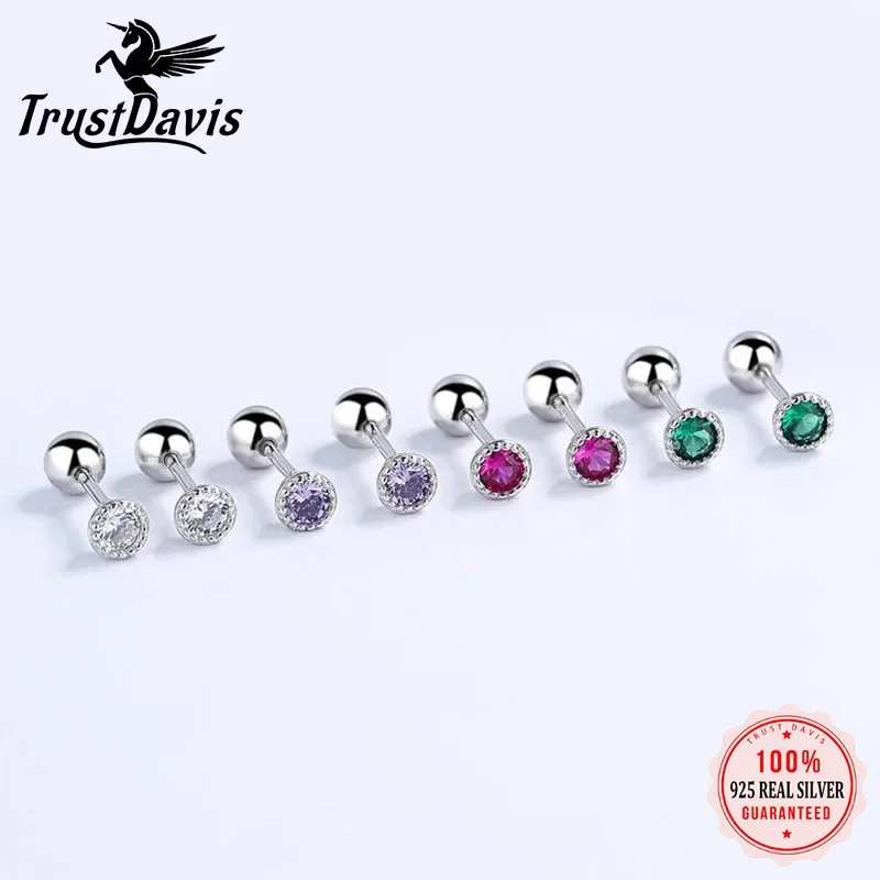 TrustDavis Real 925 Sterling Silver Round Colour CZ Screw Stud Earrings For Women Children Baby Girls Minimalist Jewelry DB1426