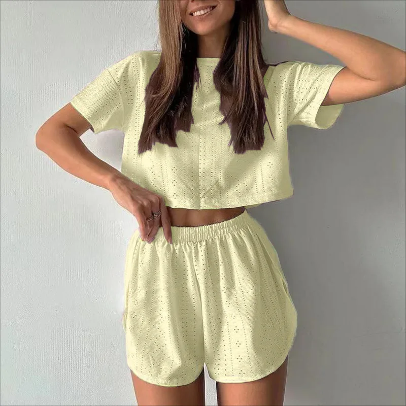 O Neck Tops Lounge Wear Shorts Suits 2024 Women Summer Fashion Casual Women Loose Two Piece Shorts Sets Outfits Breathable