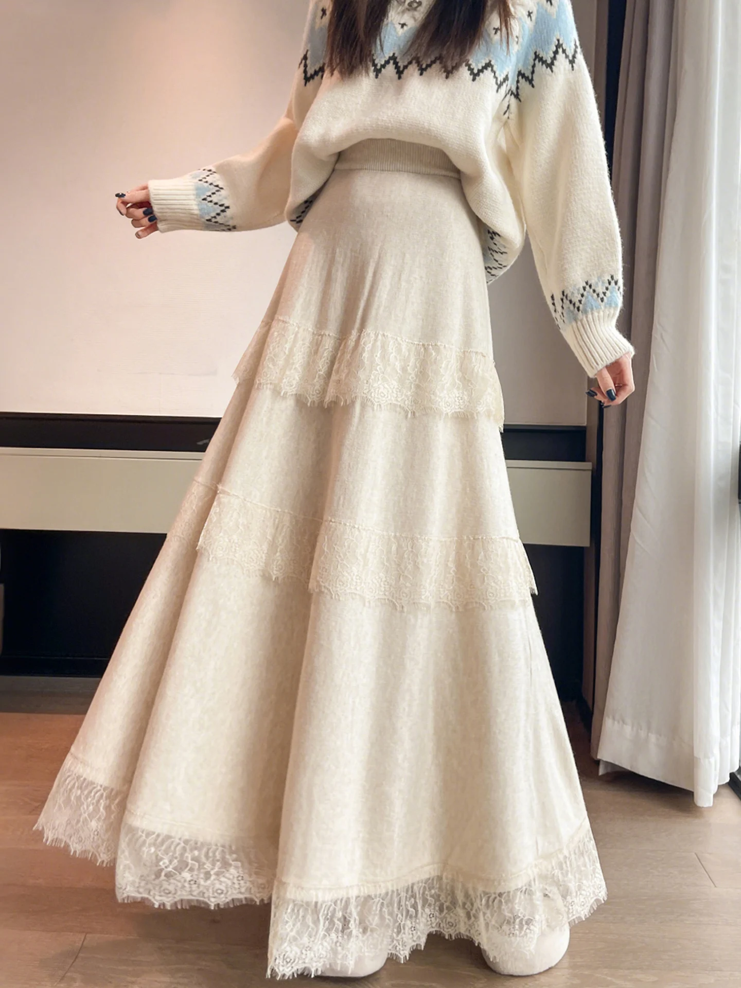 Spitze Gestrickte Kuchen Rock Hohe Taille A-Line Langen Rock frauen Herbst Winter Ele Drapierte Fulln Abnehmen f-länge Rock