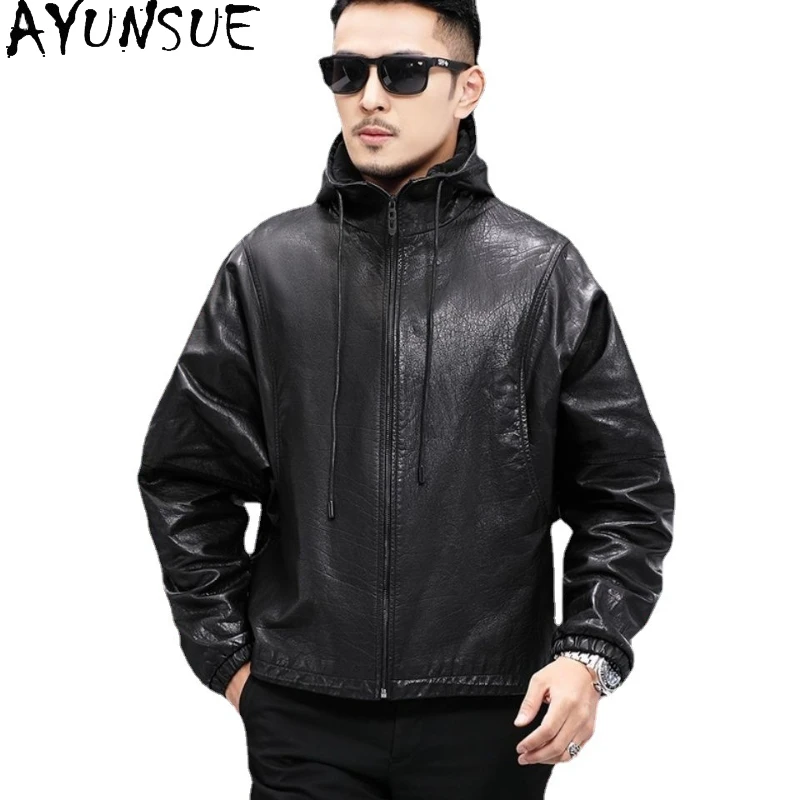 

AYUNSUE 100% Genuine Leather Jacket Men Autumn Winter High Quality Real Cowhide Leather Coat Hooded Puffer Coats Bat Sleeves