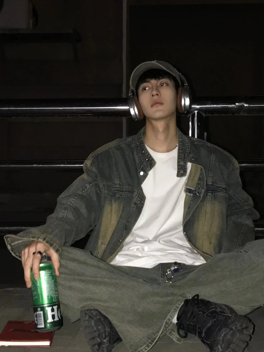 

Retro American Waed Denim Jaet ex Loose Fit Collared Jaet for Autumn Winter Youth Faion Workwear Sle