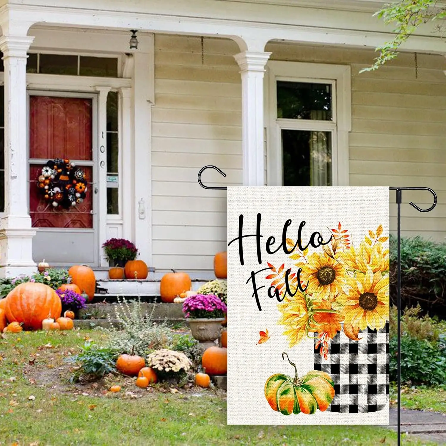 Hello Fall Pumpkin Garden Flag Sunflower Thanksgiving 12x18 Inch Double Sided Flags Seasonal Holiday Outdoor Autumn Decor fo SSL