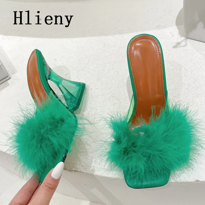 Hlieny Sexy Strange Transparent Heels Slippers Fashion Green Fur Feather Summer Sandal Peep Toe Slip-On Clear Shoes Women Slides