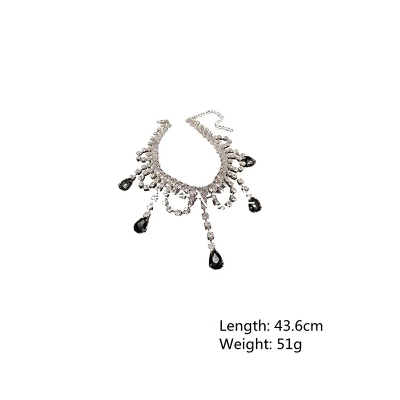 FYUAN Black Water Drop Crystal Choker Necklaces for Women Long Tassel Rhinestones Necklaces Statement Jewelry