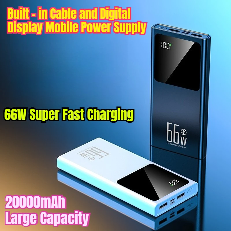 

20000mAh Large Capacity 66W Super Fast Charging Power Bank with Built in Cable and Digital Display Mobile Power Supply