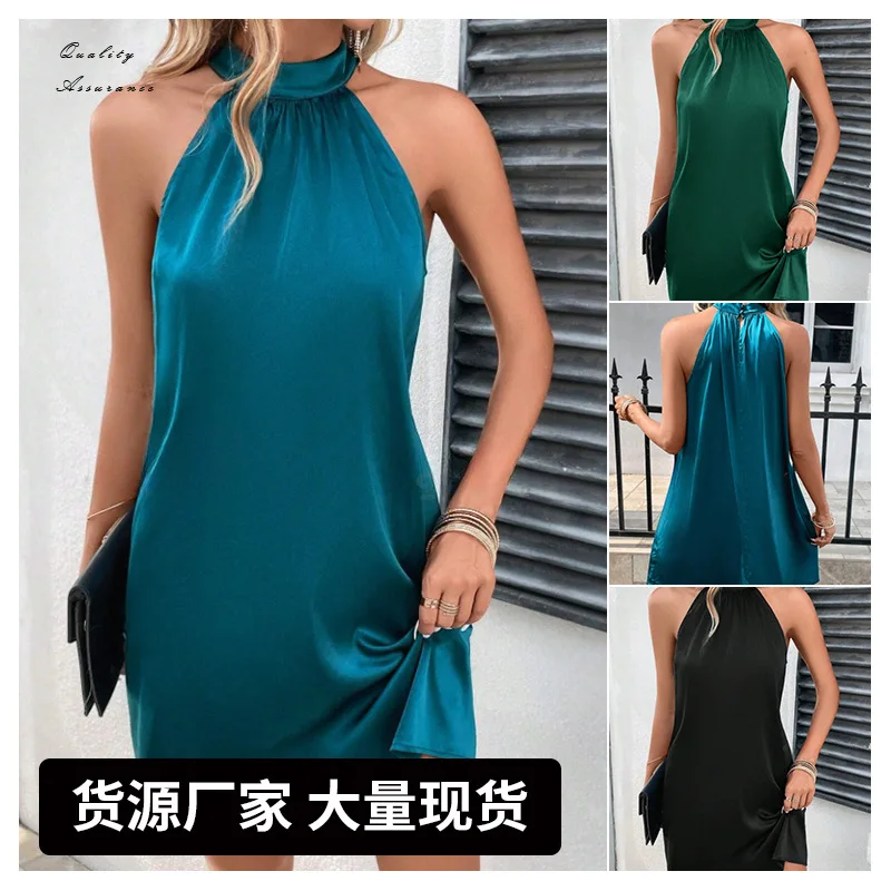 

Sexy Mini Skirt Women's Halter Button Sleeveless Off Shoulder A Line Date Fashion Hot Girl Nightclub Satin Dress