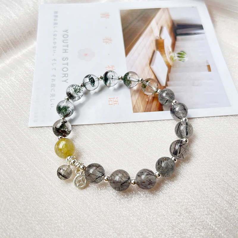 Natural Genuine Black Rutilated Quartz Bracelet Green Phantom Quartz Crystal Jewelry Women Gemstone Stretch Jewelry