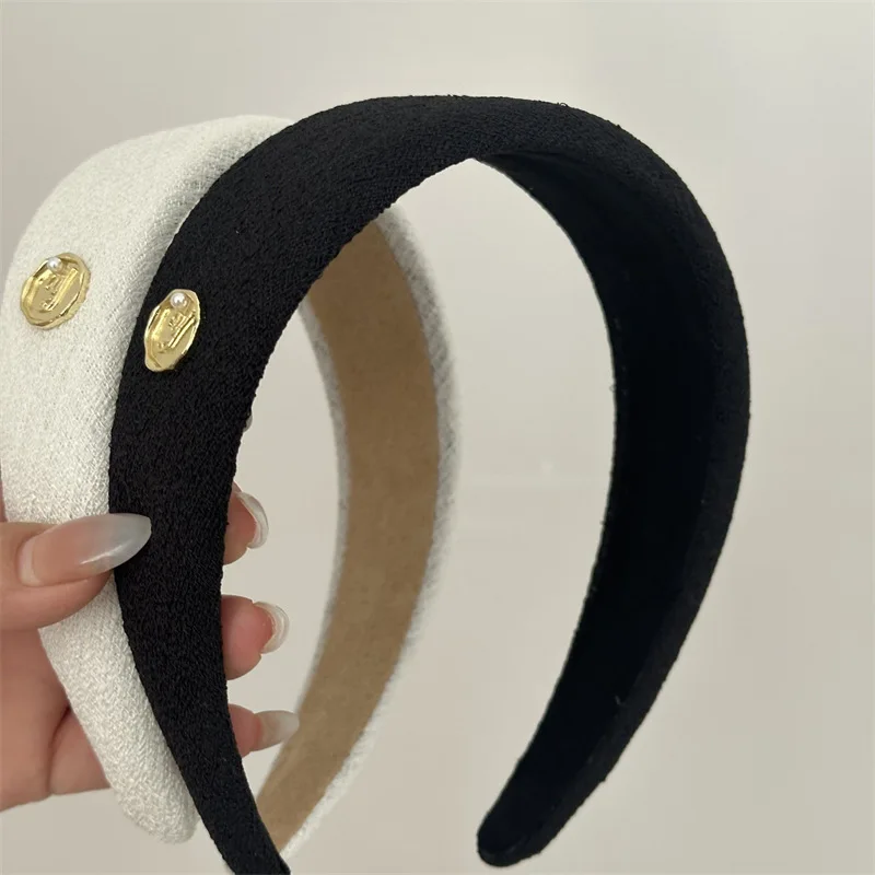 Y Letter Pearl Gold Button Wide Edition Fragrant Style Retro Metal Ornament Hair Hoop Press Headband  New Hair Accessories