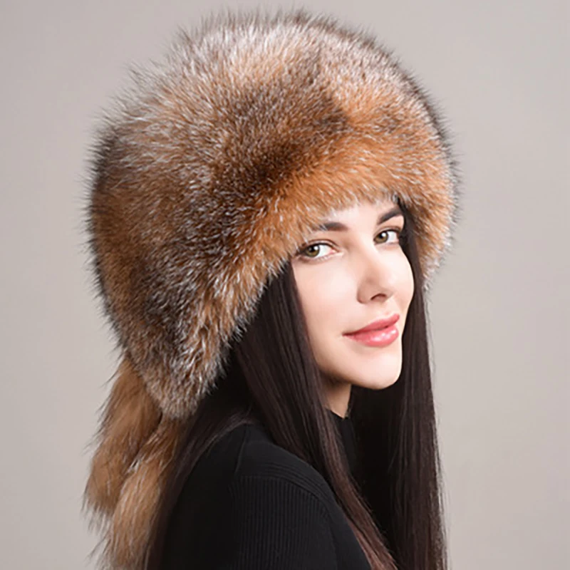 2024 Hot Sale Winter Women Fox Fur Hat Fluffy Soviet Female Outdoor Warm Cap Snow Fur Hats 5 tails Real Fox Fur Cold Bomber Hats