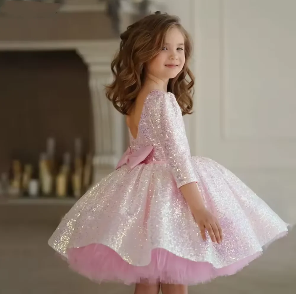 Robe de soirée rose scintillante pour petites filles, vêtements bouffants en Tulle pour filles, vêtements Eid, robes pour Occasions spéciales, fleur, nouvelle collection 2025