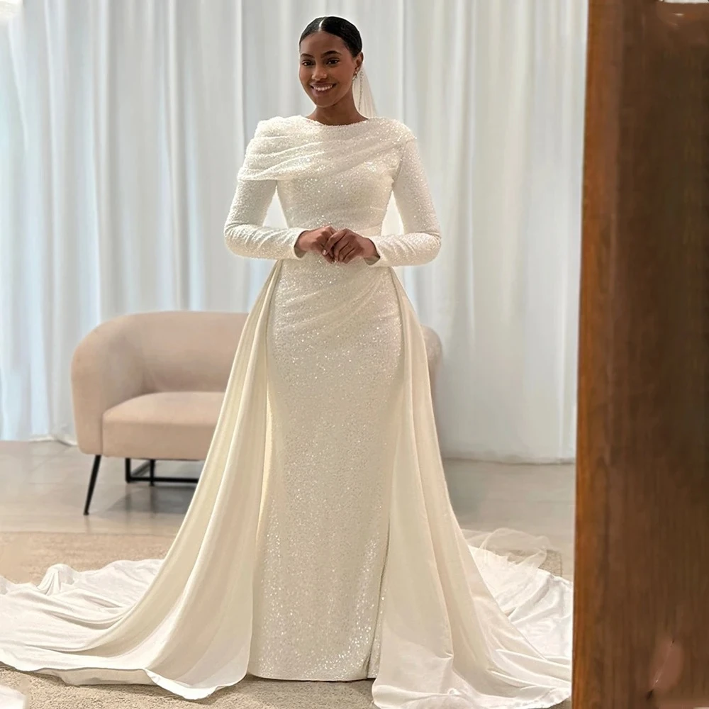 Glänzende, perlenbesetzte, langärmlige Meerjungfrau-Brautkleider mit abnehmbarer Schleppe, maßgeschneidertes Brautkleid Vestido De Noival