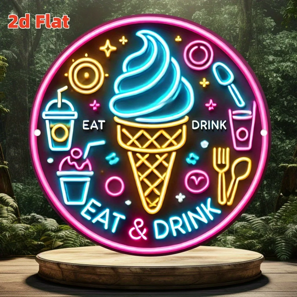 Rundes Metallschild „Eat & Drink Ice Cream“, Fake-Neon-Wanddekoration, nicht-LED 2D flache Metallplakette für Café und Dessertladen