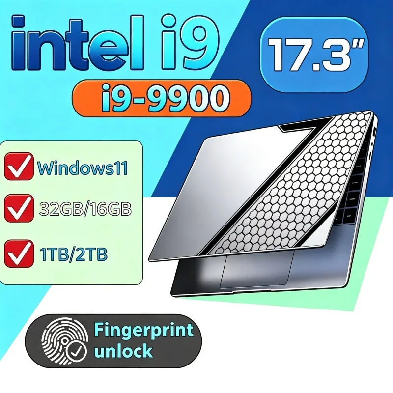 Hot 17.3' Notebook Intel I9-9900 32GB 2TB Windows 11 Large Screen Fingerprint Unlock Office Swift Laptop Computer PC
