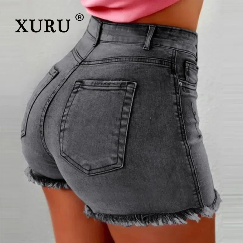 

XURU-Elastic Shorts for Women, High Waisted Jeans, Sexy Tassel Hole Wear, European and American, K7-693