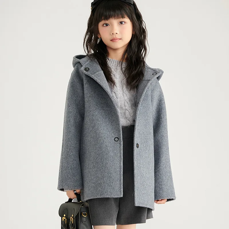 24 Autumn and Winter New Wool Reversible Woolen Coat Girls' Children's Solid Color Hooded Long Sleeve Cardigan Jac