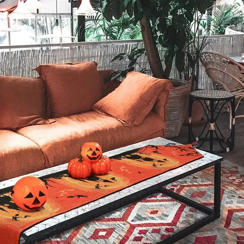 Pumpkin Spider Polyester Table Runner -Family Dining Table Mat Decor Cloth Halloween Festival Banquet Party Decoration Supplies