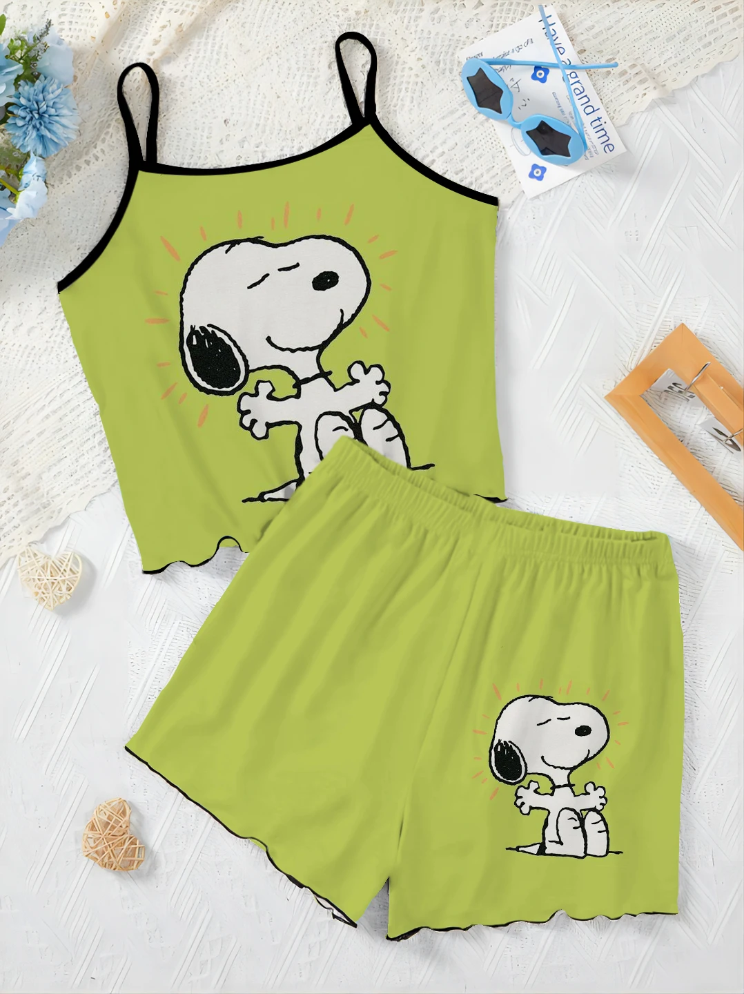 Vestiti estivi donna 2024 lattuga Trim Snoopy Set donna 2 pezzi Chic ed elegante Set da donna Slip Dress t-shirt Top abito corto