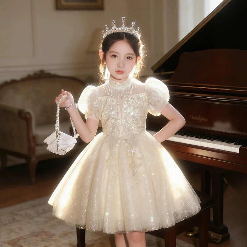 

2026 Flower Girl Wedding Little Princess Dress Children Girls Birthday Party Evening Short Kids Host Performance Pageant Costume