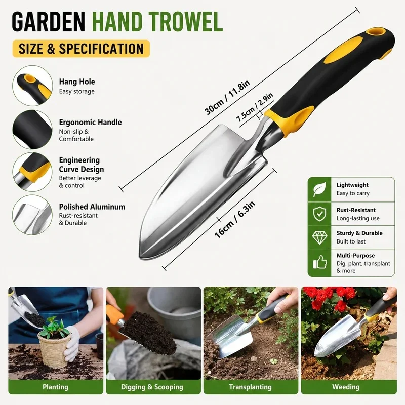 Stainless Steel Garden Trowel with Anti-Slip Handle, Hand Shovel for Digging Planting Weeding